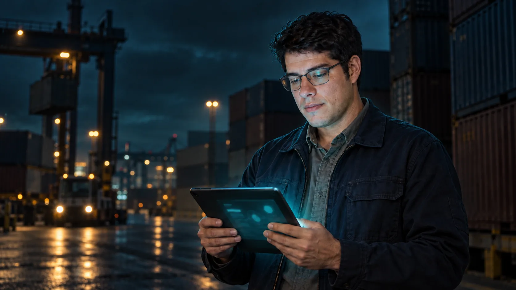 Responsable de operaciones revisando datos en una terminal de contenedores de noche