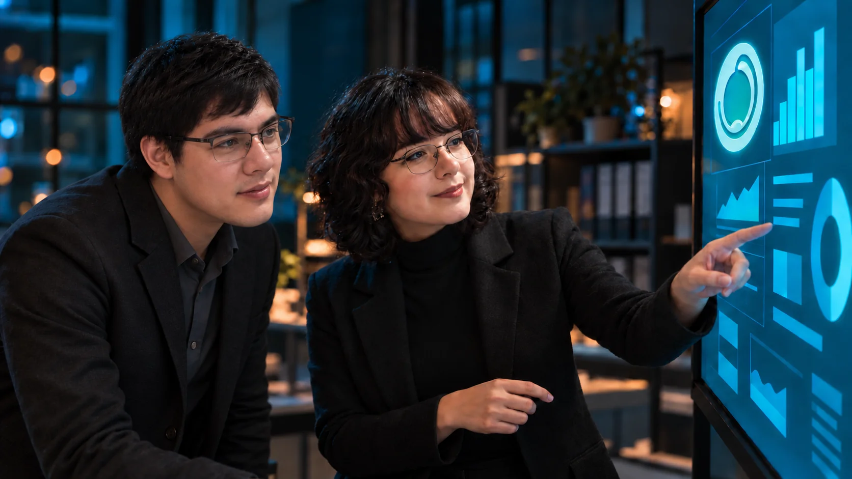 Dos profesionales analizando datos en una pantalla táctil