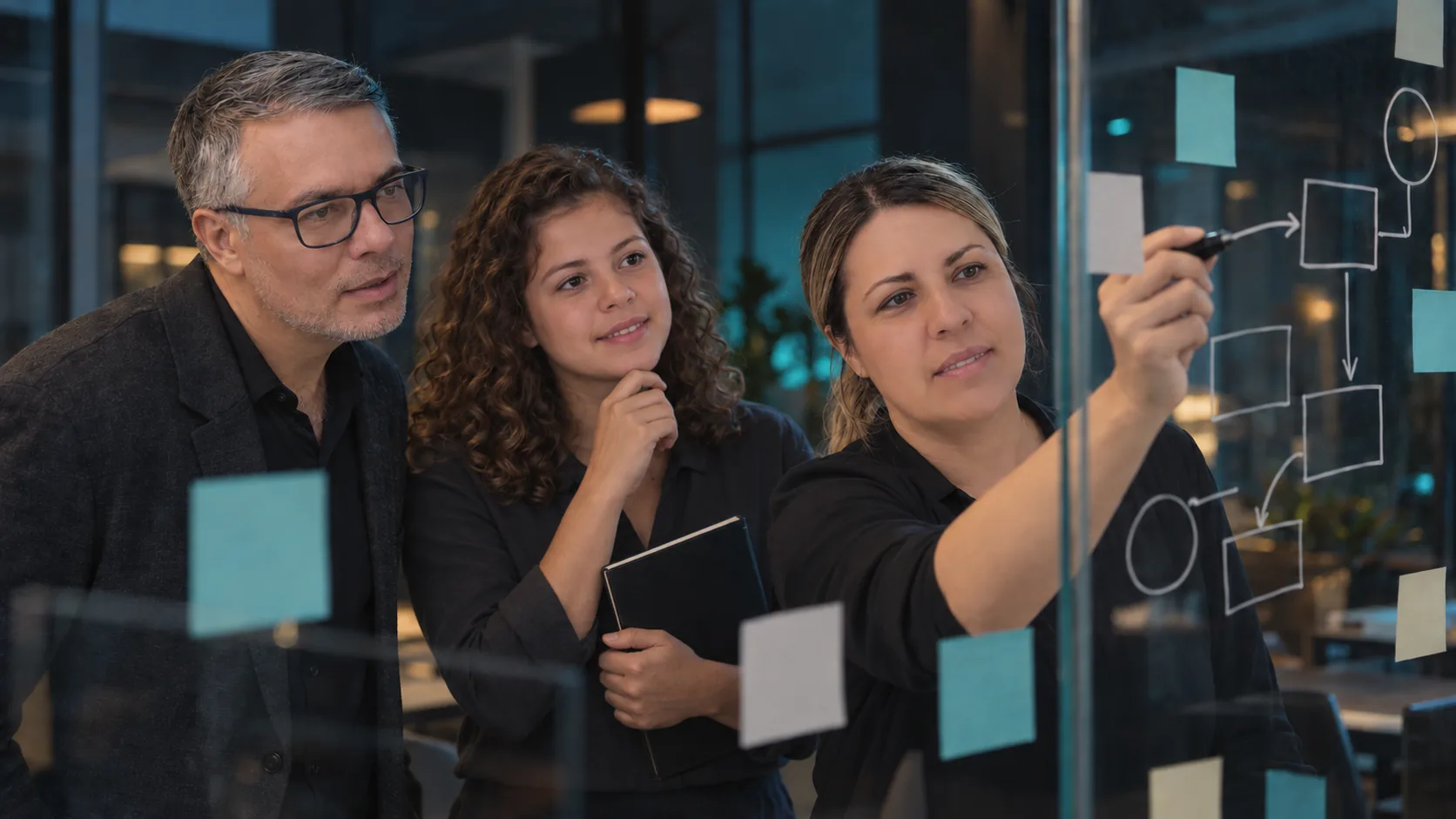 Equipo de arasaIT mapeando un proceso de negocio con post-its y un diagrama de flujo sobre una pared de vidrio, durante una sesión de relevamiento