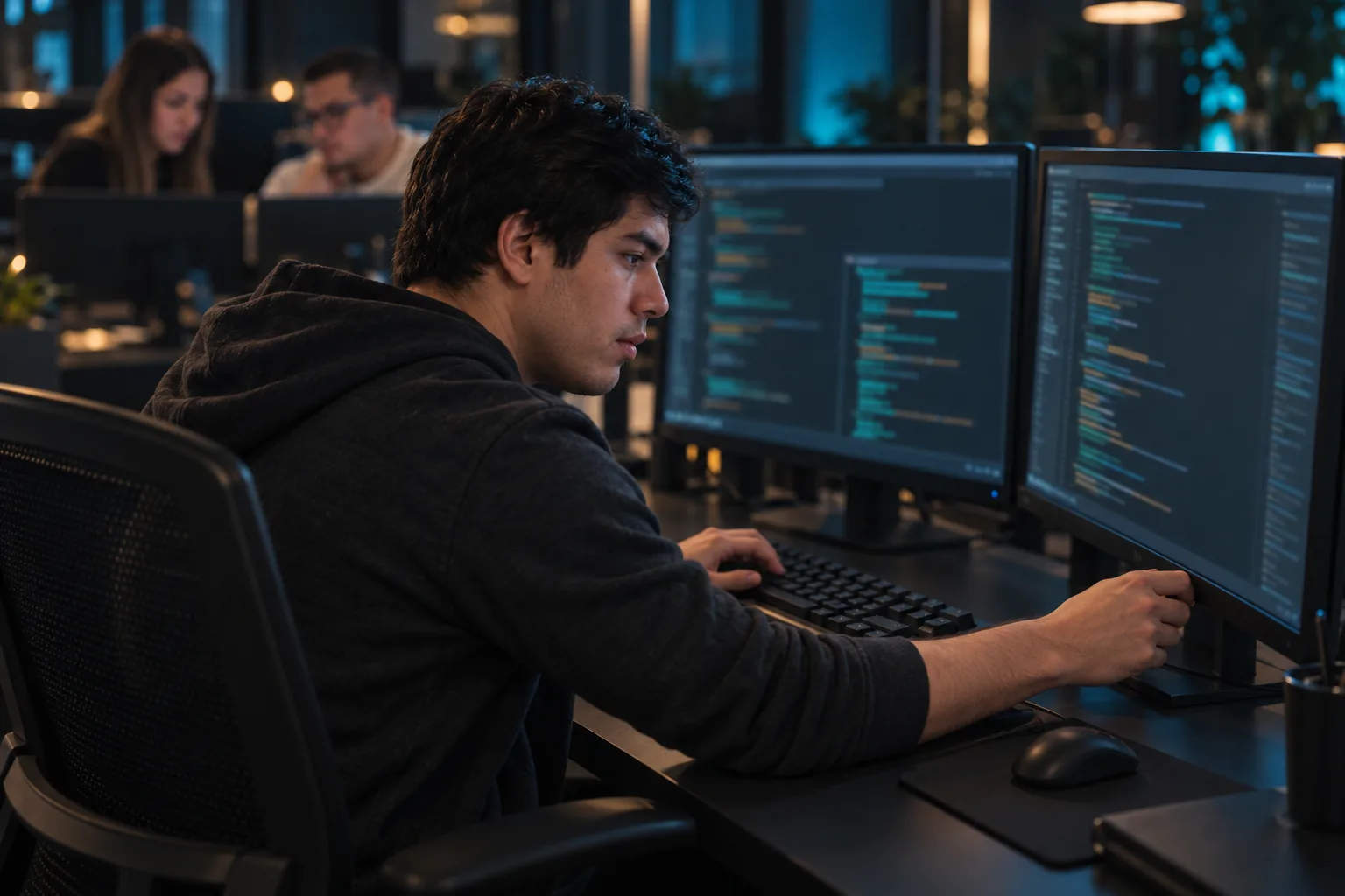Desarrollador de arasaIT trabajando en código sobre dos monitores en la oficina, con el equipo al fondo