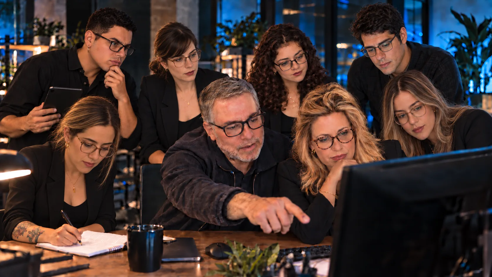 El equipo de arasaIT reunido alrededor de un escritorio, mirando juntos una pantalla mientras el director señala un detalle