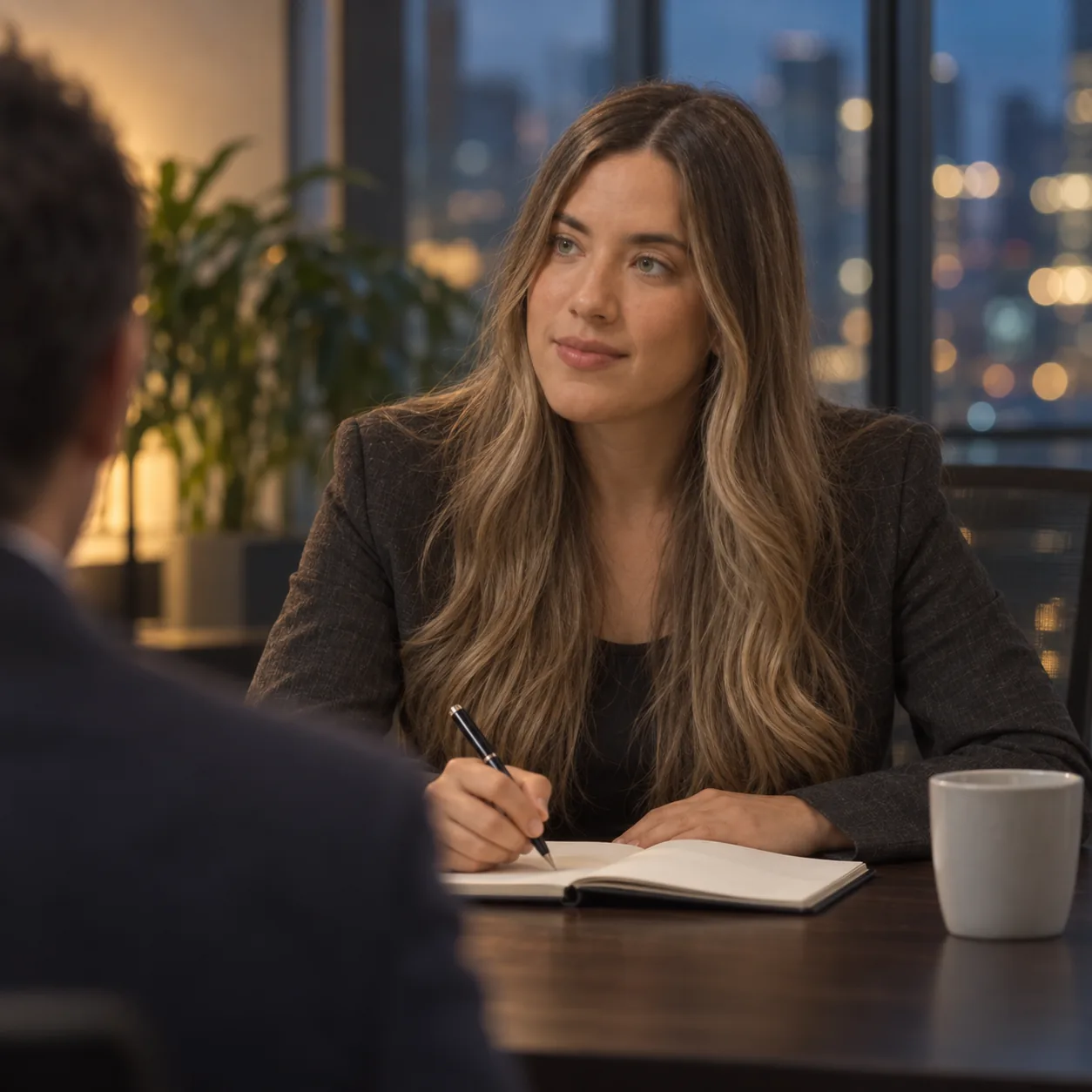 Consultora de arasaIT escuchando a un cliente durante una primera conversación, tomando notas en un cuaderno
